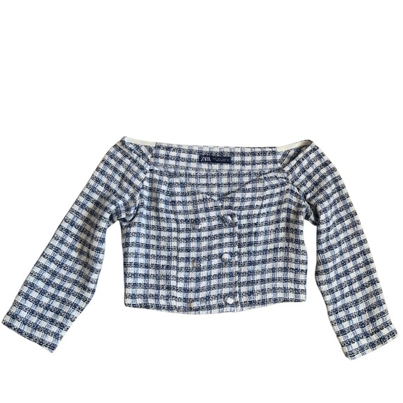 Zara Blue and White Tweed Off-Shoulder Crop Top - Small - Picture 3 of 9